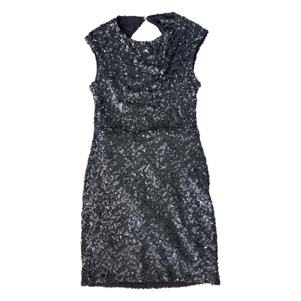 Rachel Zoe Sequin Open Back Sheath Mini Dress 10 Black Cap Sleeve - Picture 2 of 10